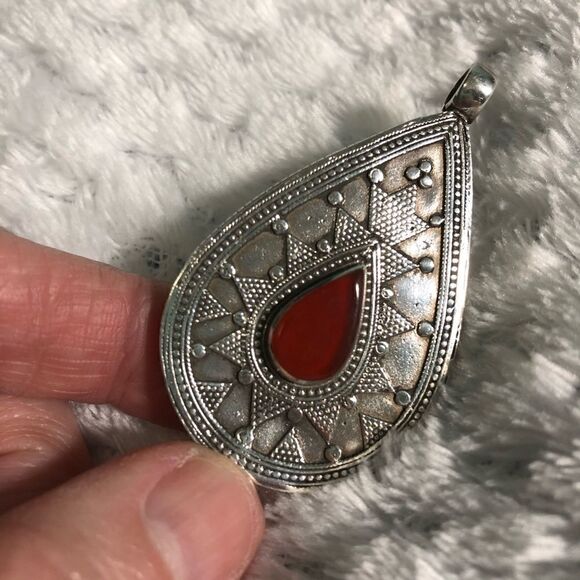 Pendant, silver color with red accent. 2”. - Picture 5 of 5